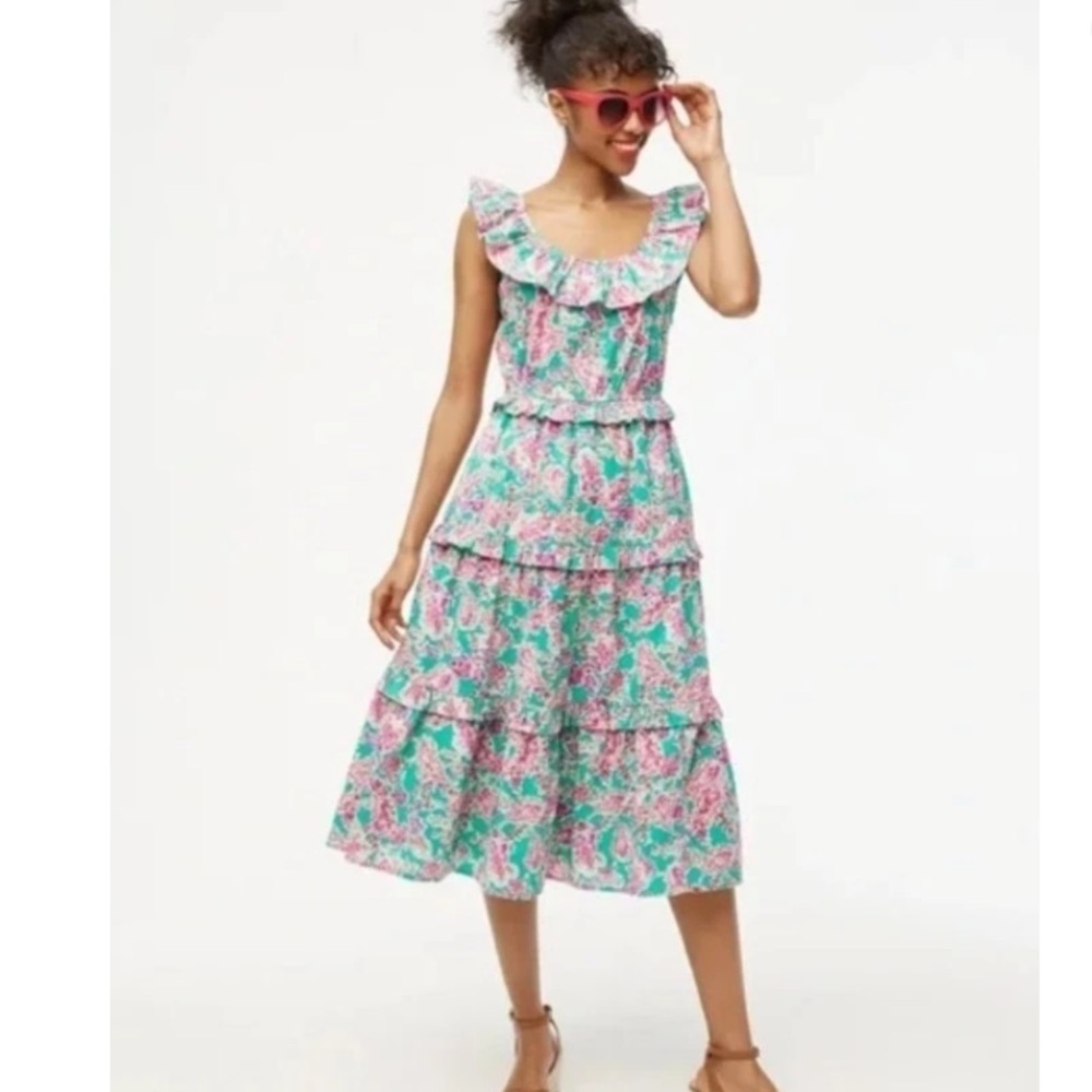 J. Crew Printed Floral Ruffled Tiered Midi Dress Pockets Green & Pink Size 12